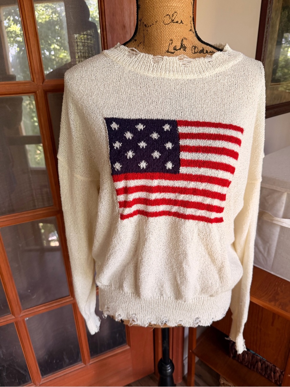 easel Cream Knit Crew Sweater with Flag Motif